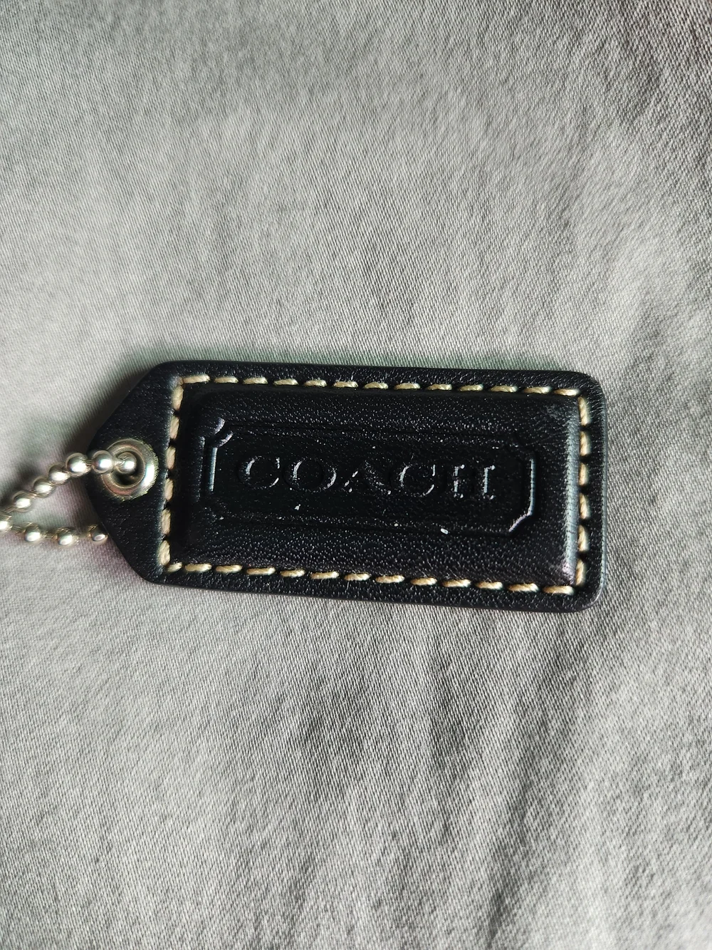 Coach Black Leather Embossed HangTag with Silver Ball Chain